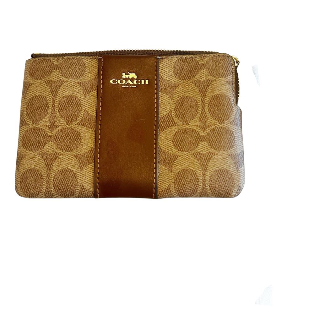 Coach Corner Zip Signature Canvas with Leather Stripe Bag Tan Brown One Size NWT - Picture 7 of 12